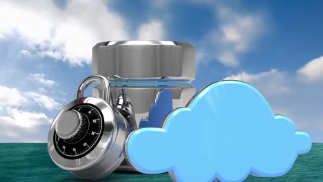 Animation-of-padlock,-blue-digital-cloud-and-silver-server-over-clouds-on-blue-sky