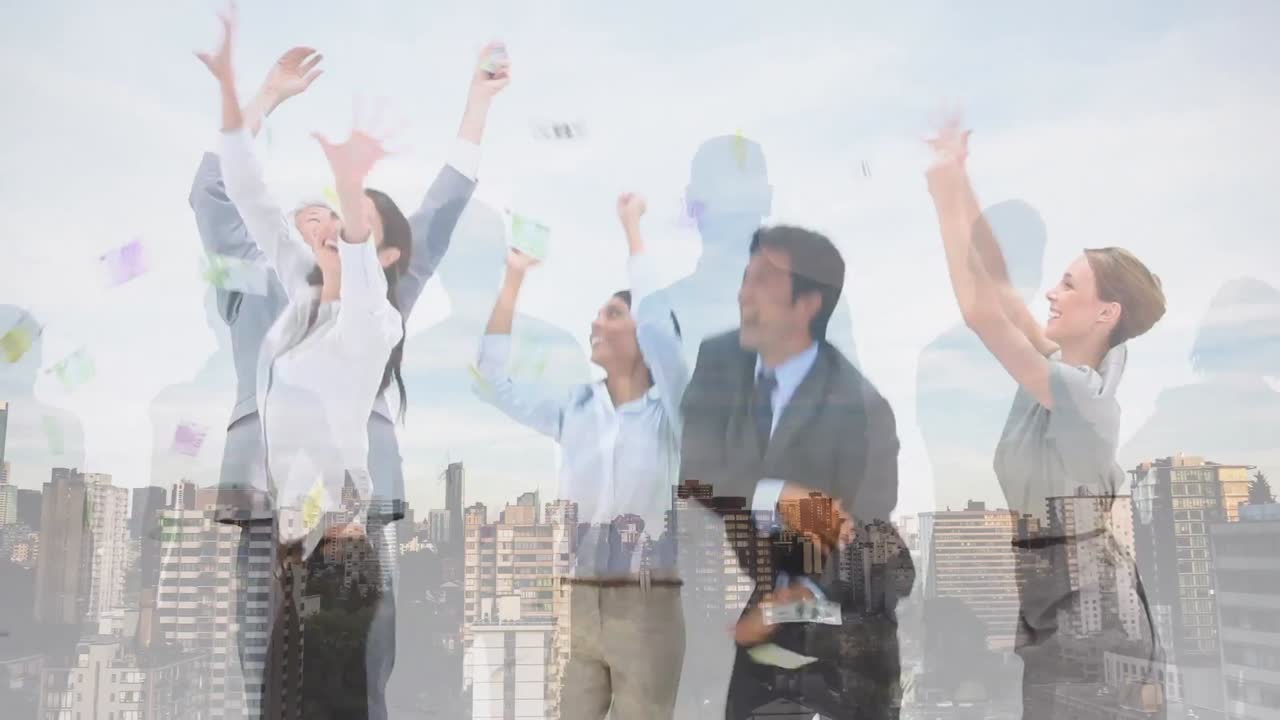 다양한 사업가들이 축하하는 도시 풍경의 애니메이션