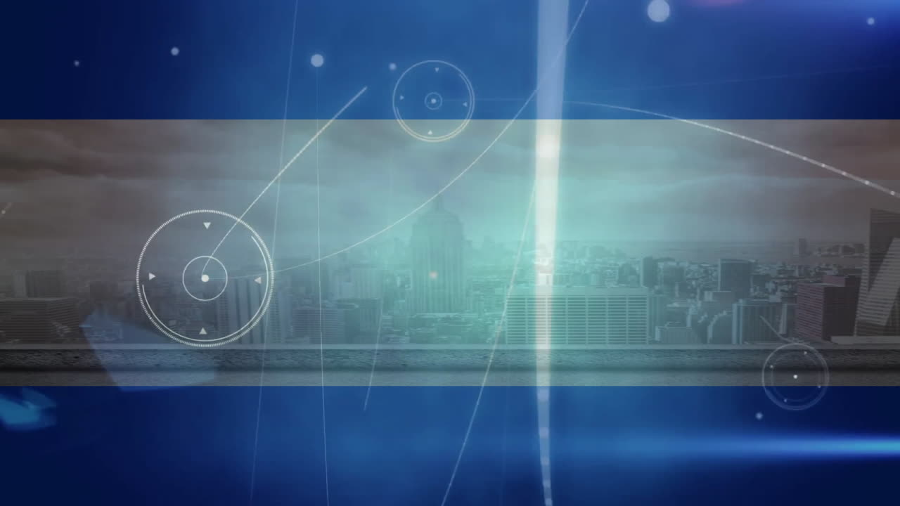 Futuristic animation overlay on city skyline with glowing blue background