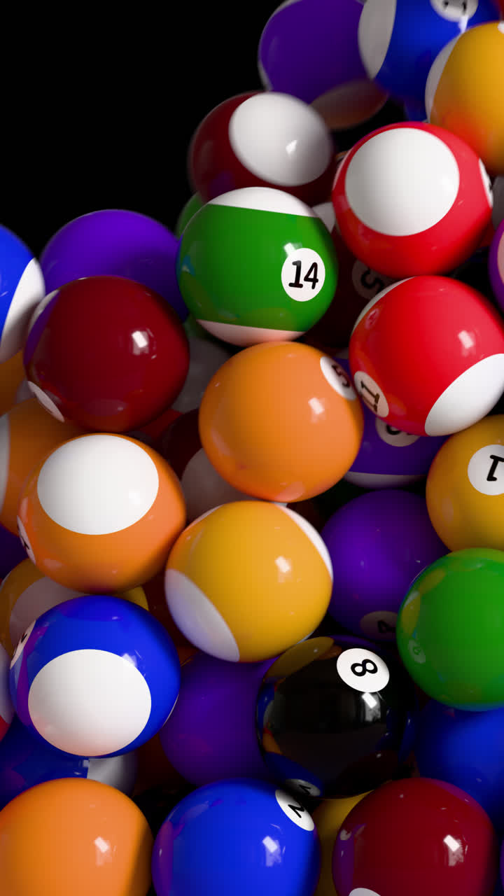 Transizione verticale con palline da biliardo con canale alfa su sfondo trasparente. Rendering in 3D