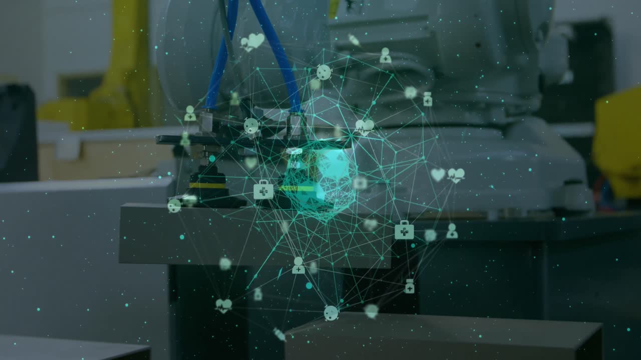 animación de la red de conexiones con iconos sobre las máquinas en el laboratorio.