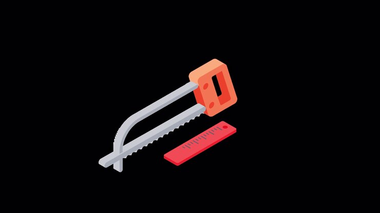 Animated Isometric Hacksaw and Ruler on Black Background