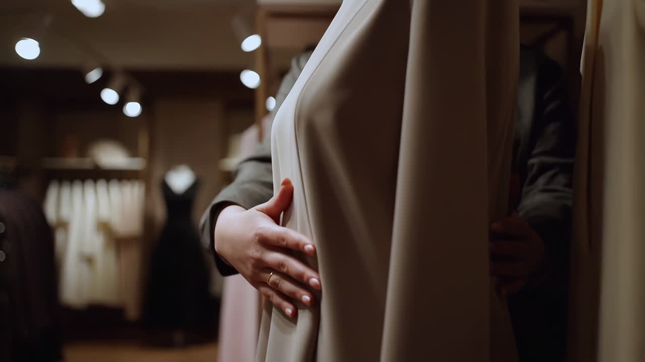 A person's hands adjusting fabric on a mannequin in a fashion store