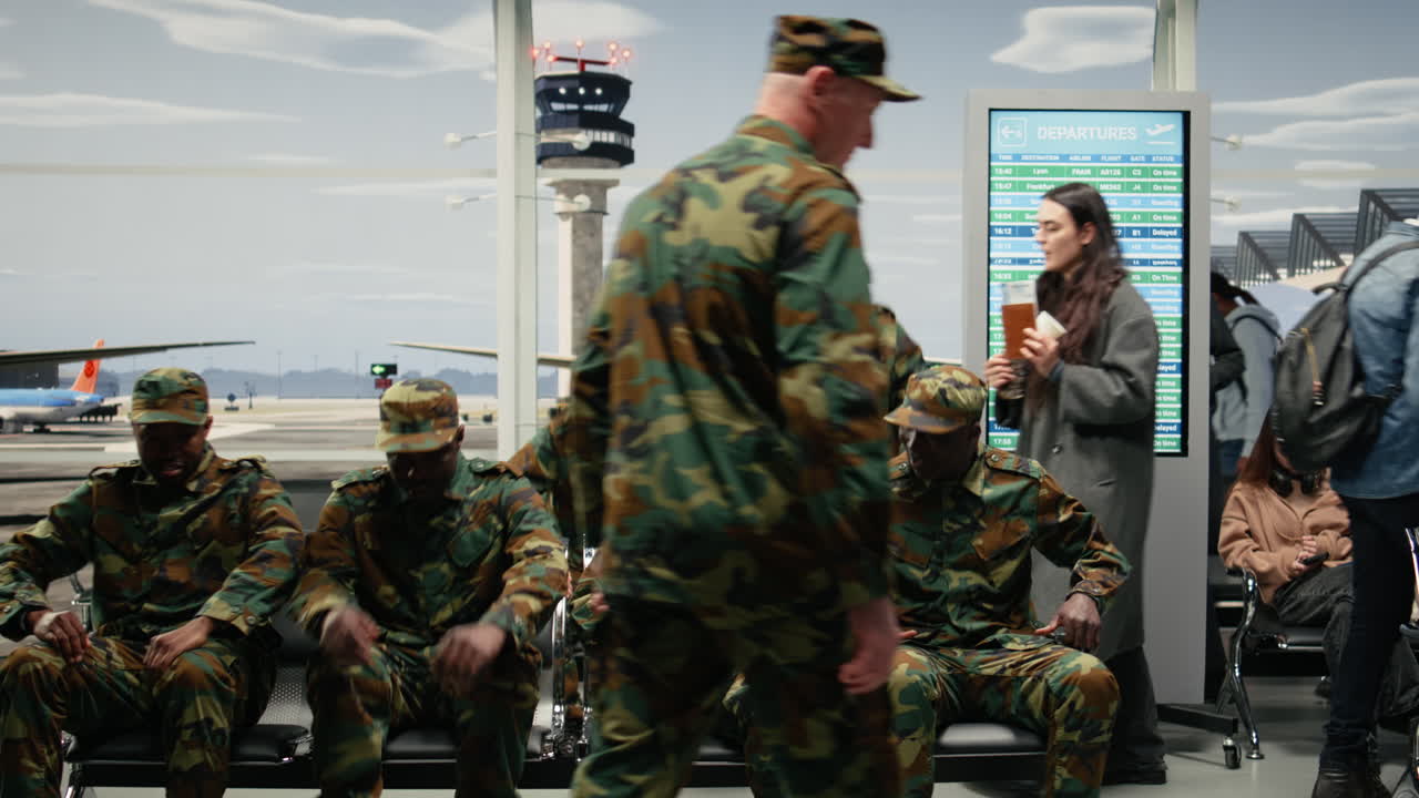 Squadra dell'esercito al comando, sedie e veterano militare in aeroporto