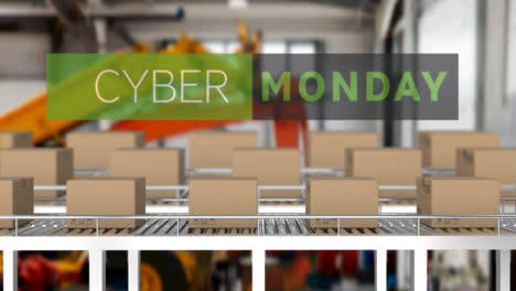 animation of cyber monday text over cardboard boxes on conveyor belts