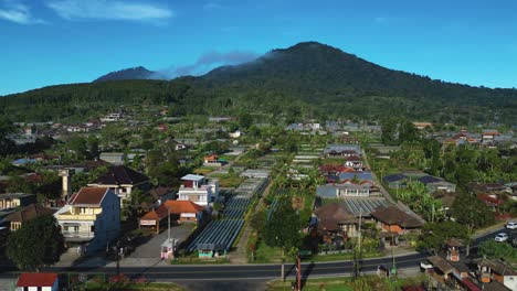 aerial view of the countryside of bali, agriculture area with a mountain in the background - indonesia