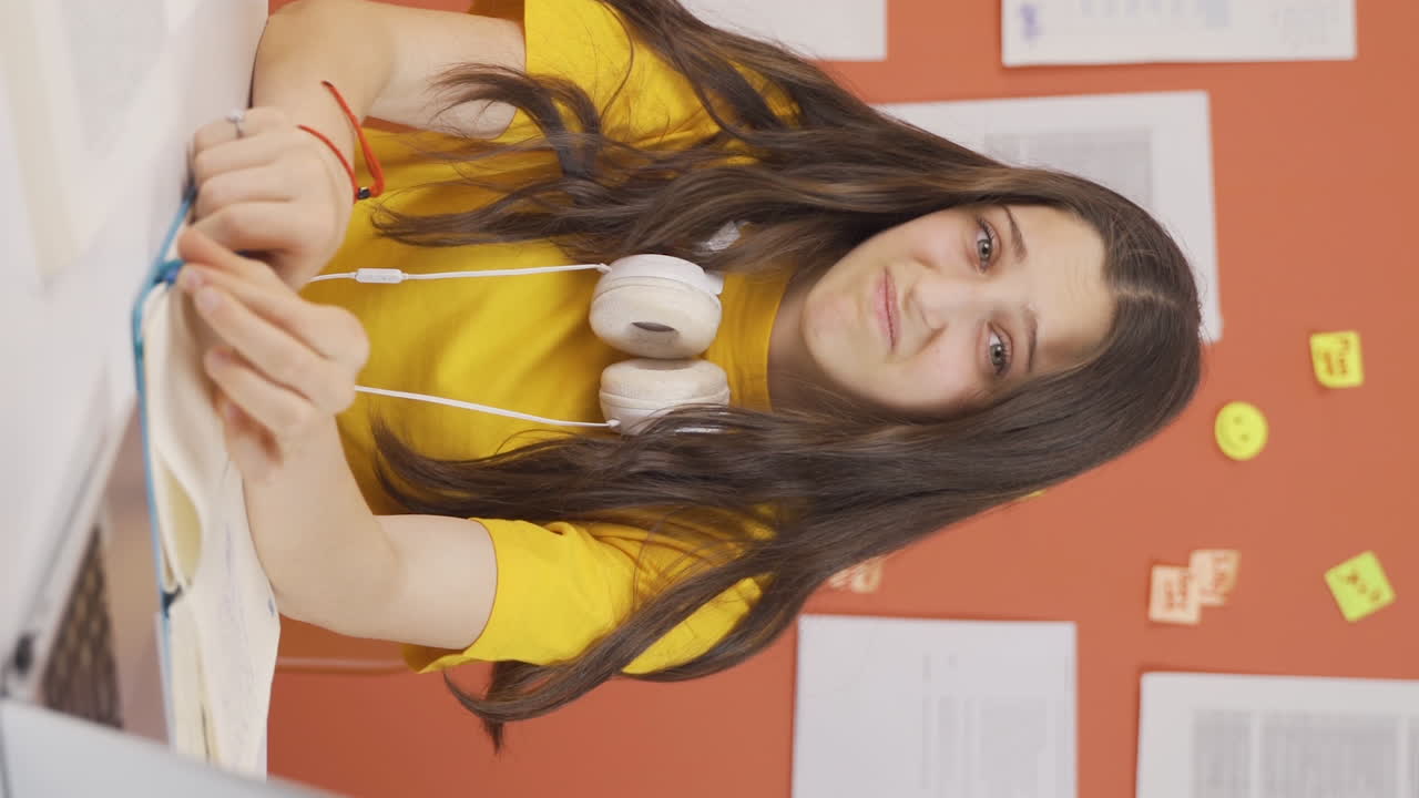 video vertical de una niña disgustada.