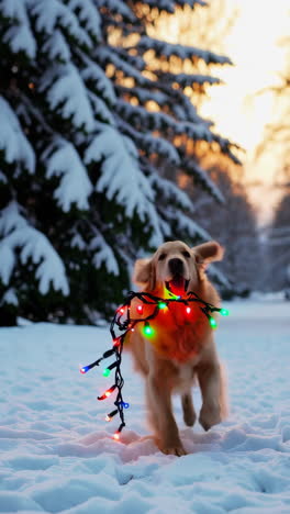 golden retriever playing with christmas lights in the snow