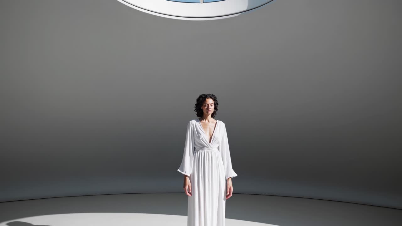 Woman with curly hair is meditating in soft light, eyes closed, showcasing tranquility and inner peace in a serene atmosphere, embodying mindfulness and relaxation