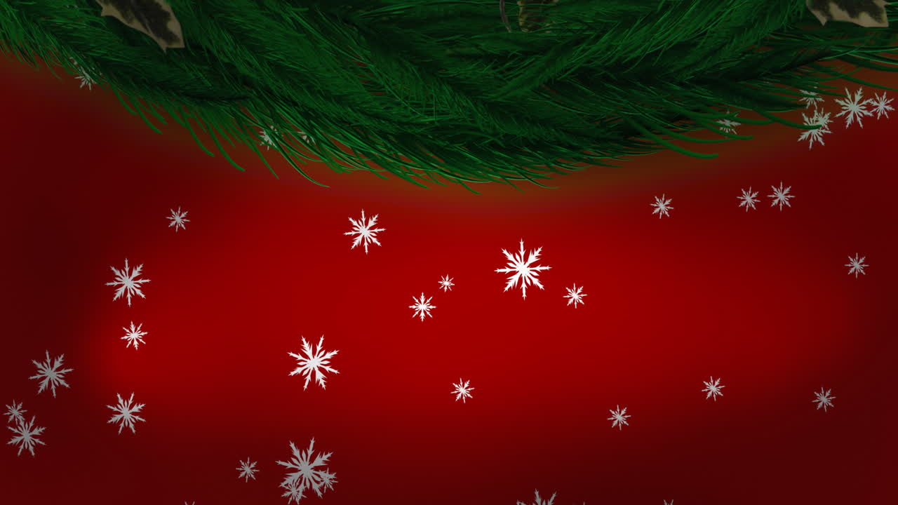 decoración de corona de navidad y iconos de copos de nieve cayendo contra un fondo rojo