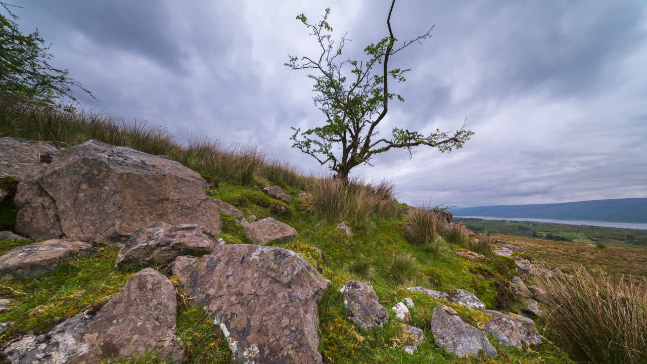 Motion time lapse of rural landscape with single tree and rocky foreground and hills and lake in the distance on a sunny cloudy spring day in Arigna mountains in county Leitrim in Ireland