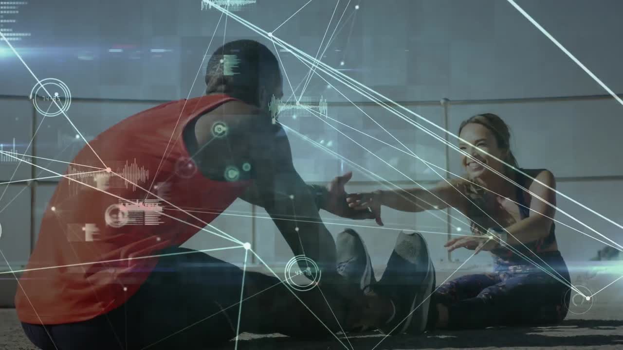 animación de la red de conexiones sobre mujeres y hombres que hacen ejercicio al aire libre