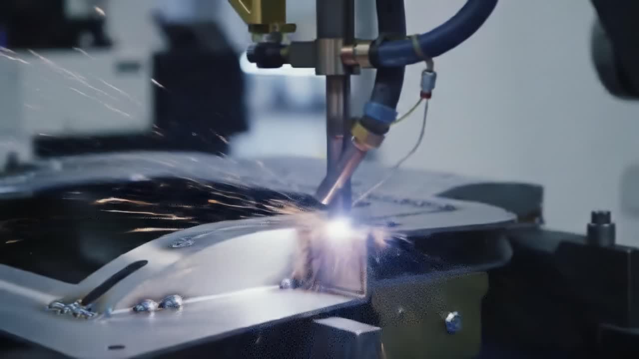 Dynamic Industrial Welding Process Captured in Action, Showcasing Spark Generation, Metal Element Interaction, and Precision Engineering Techniques
