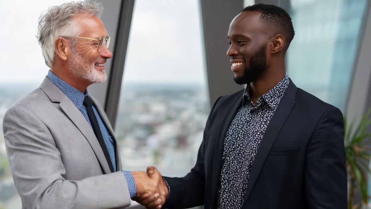 Two business professionals engaging in a confident handshake, signifying successful collaboration and partnership in a corporate environment, showcasing respect and mutual understanding between diverse individuals