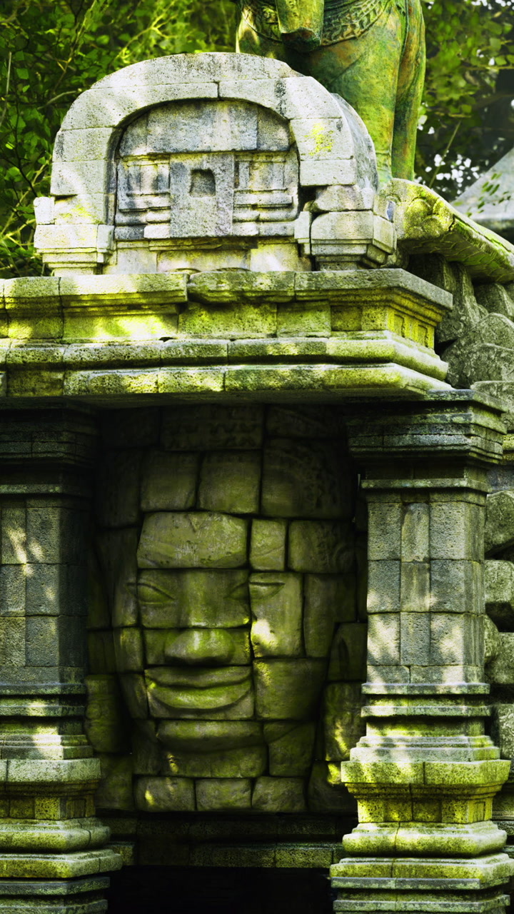 Stone face concealed in a mystical jungle landscape