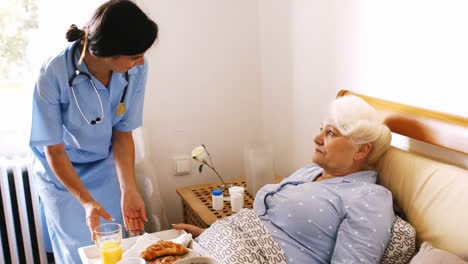 nurse serving breakfast to senior woman in bedroom