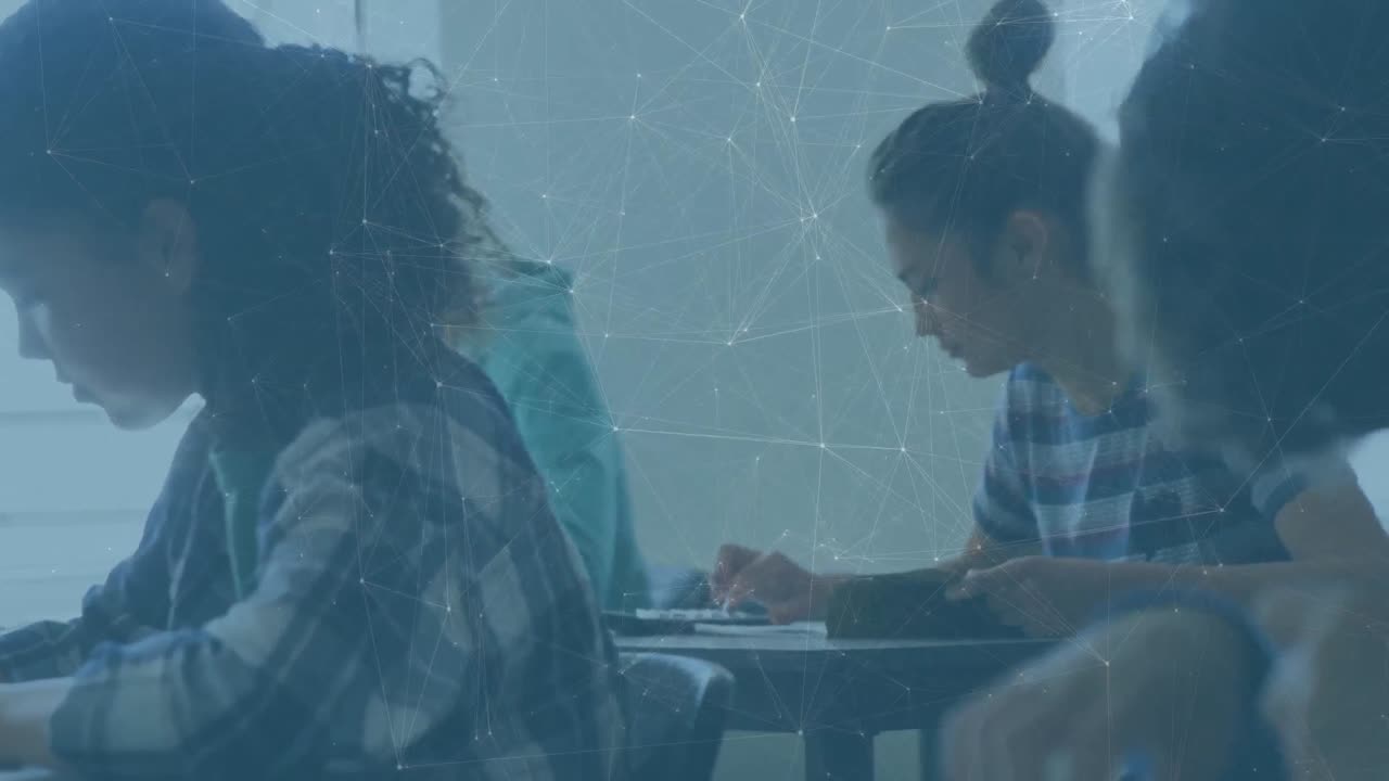 Animation of network of connections over schoolchildren in classroom