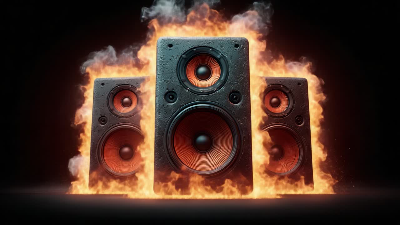 Esperienza audio dinamica: triade di energia e suono con un ambiente infuocato che mostra potenti altoparlanti che accendono l'atmosfera con fiamme vibranti.
