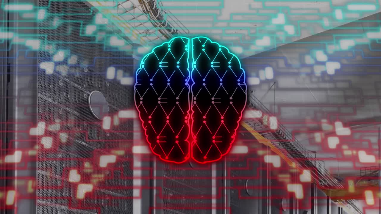 animación del cerebro humano, conexiones y procesamiento de datos a través de servidores informáticos