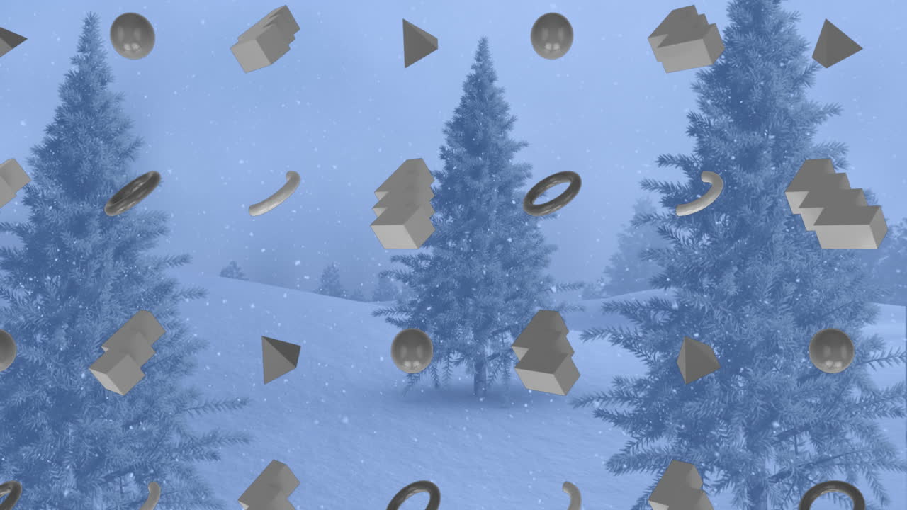 추상적인 모양의 행의 애니메이션 패턴과 겨울 풍경에 떨어지는 크리스마스 눈