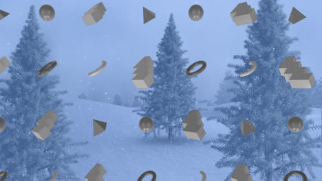 animation of rows of abstract shapes pattern and christmas snow falling over winter scenery