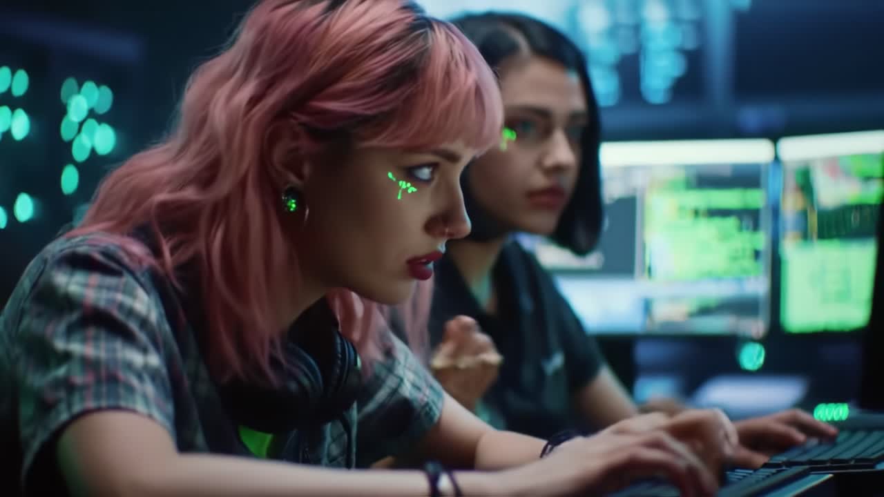 Amidst the Digital Glow: Two Young Coders Dive Deep into the World of Programming and Cybersecurity, Surrounded by Luminous Screens and Technology