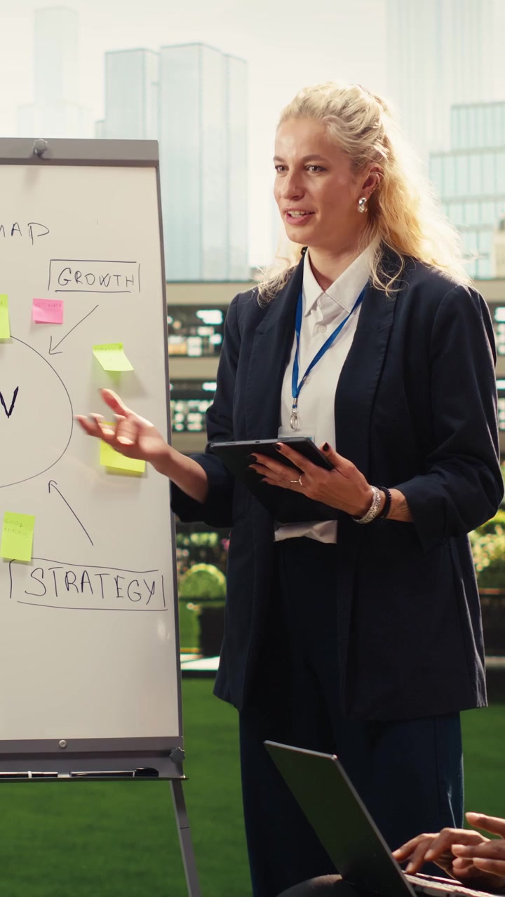 Vertical Video Team of diverse presenters explaining vision board roadmap and sticky notes