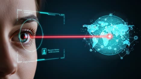 a fascinating glimpse into the future of augmented reality: a close-up on a human eye engaged with advanced technology and global connectivity through laser access