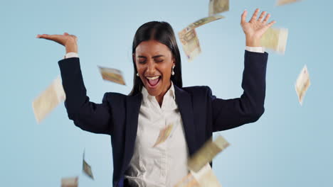 Mujer-De-Negocios,-Ganadora-Y-Lluvia-De-Dinero-Para-El-éxito