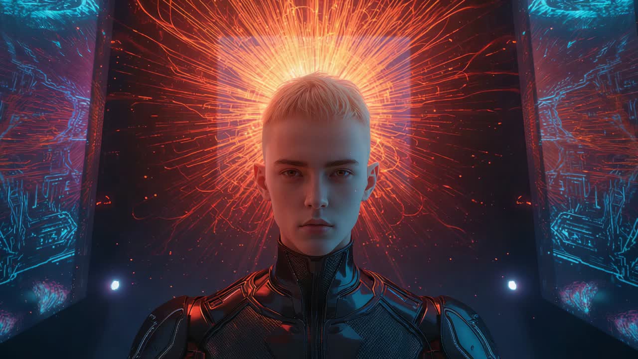 Standing figure facing cam in pod orange halo activating systems and emitting sparks suit glowing
