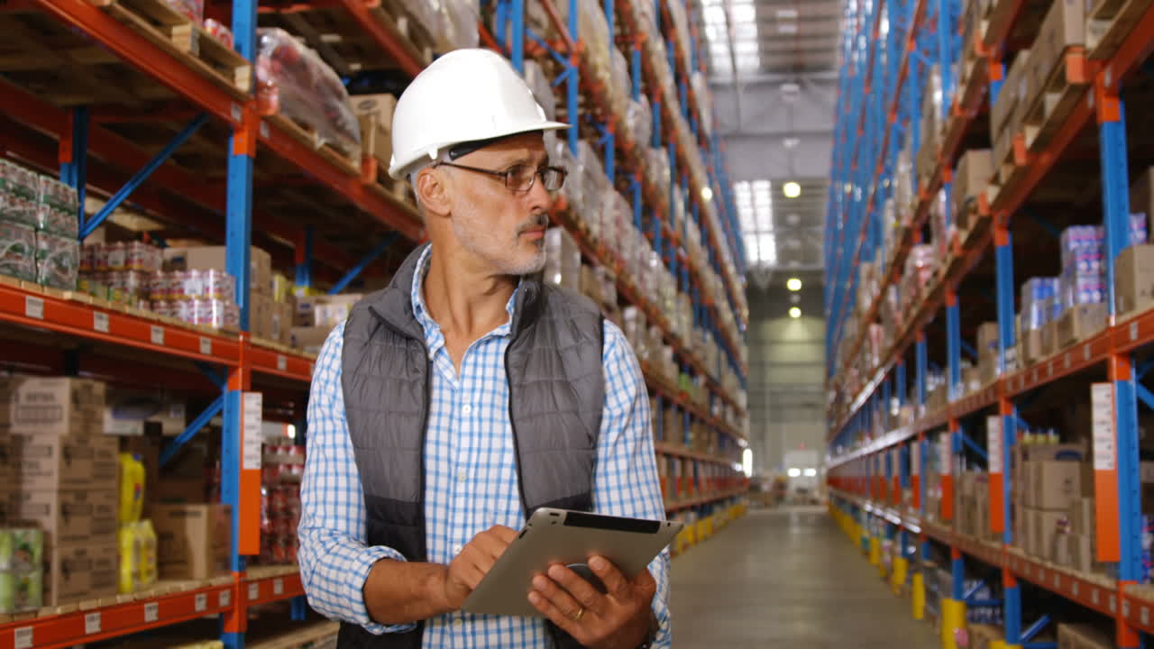 Magazziniere che usa il suo tablet