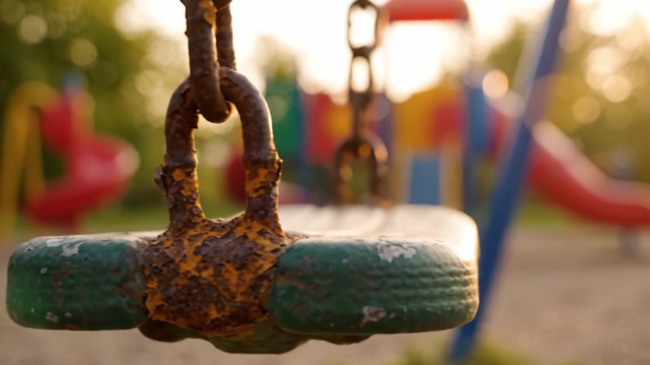 Altalena di Metallo Arrugginita in un Parco Giochi Abbandonato al Tramonto Cattura l'Atmosfera Nostalgica, Evidenziando l'Erosione della Gioia e del Divertimento dell'Infanzia