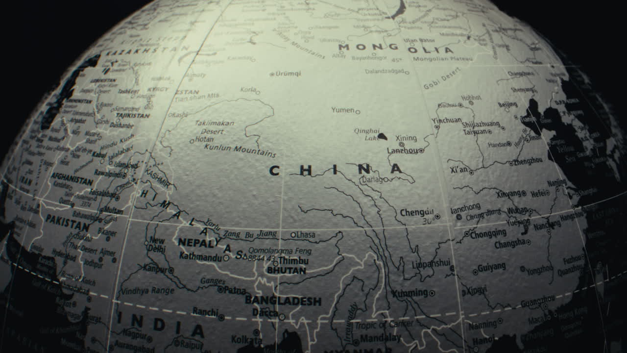 Close-up of a world map, focusing on Asia