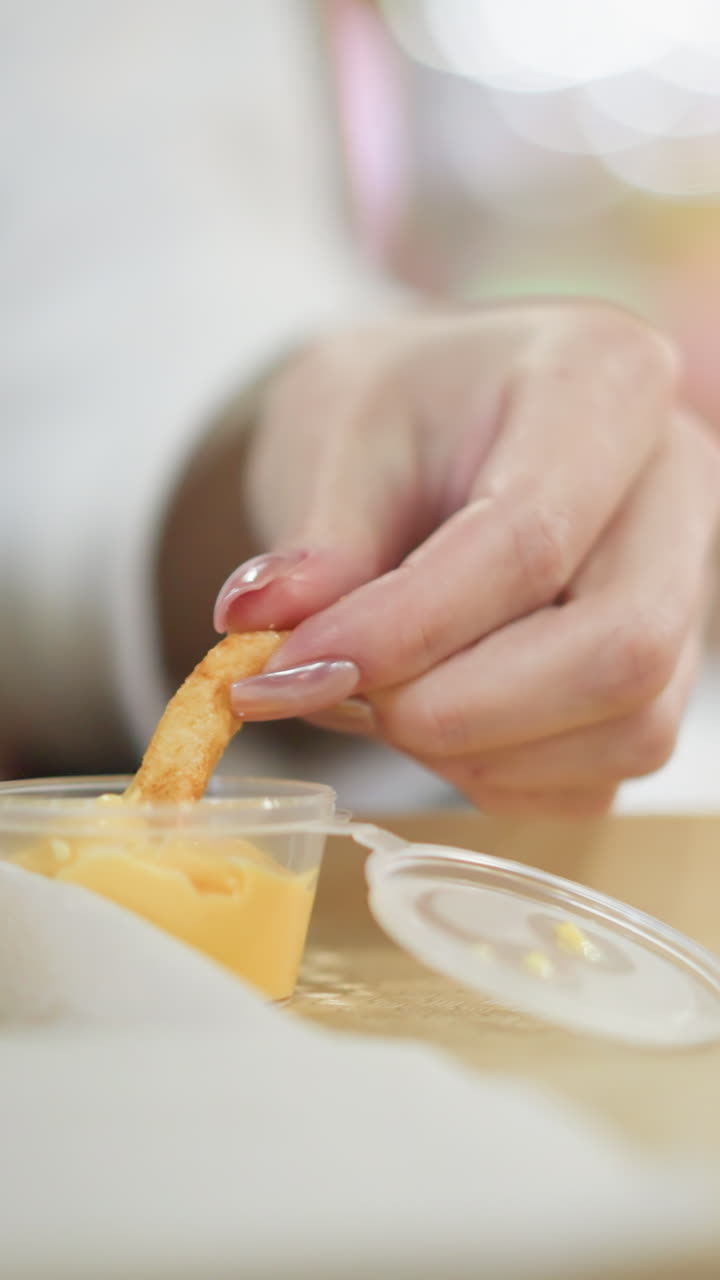 primer plano de la mano recogiendo patatas fritas crujientes con un recipiente de salsa de queso en el lado, colocado en una bandeja en una configuración de comedor casual, una bebida también es visible, mejorando la experiencia de la comida