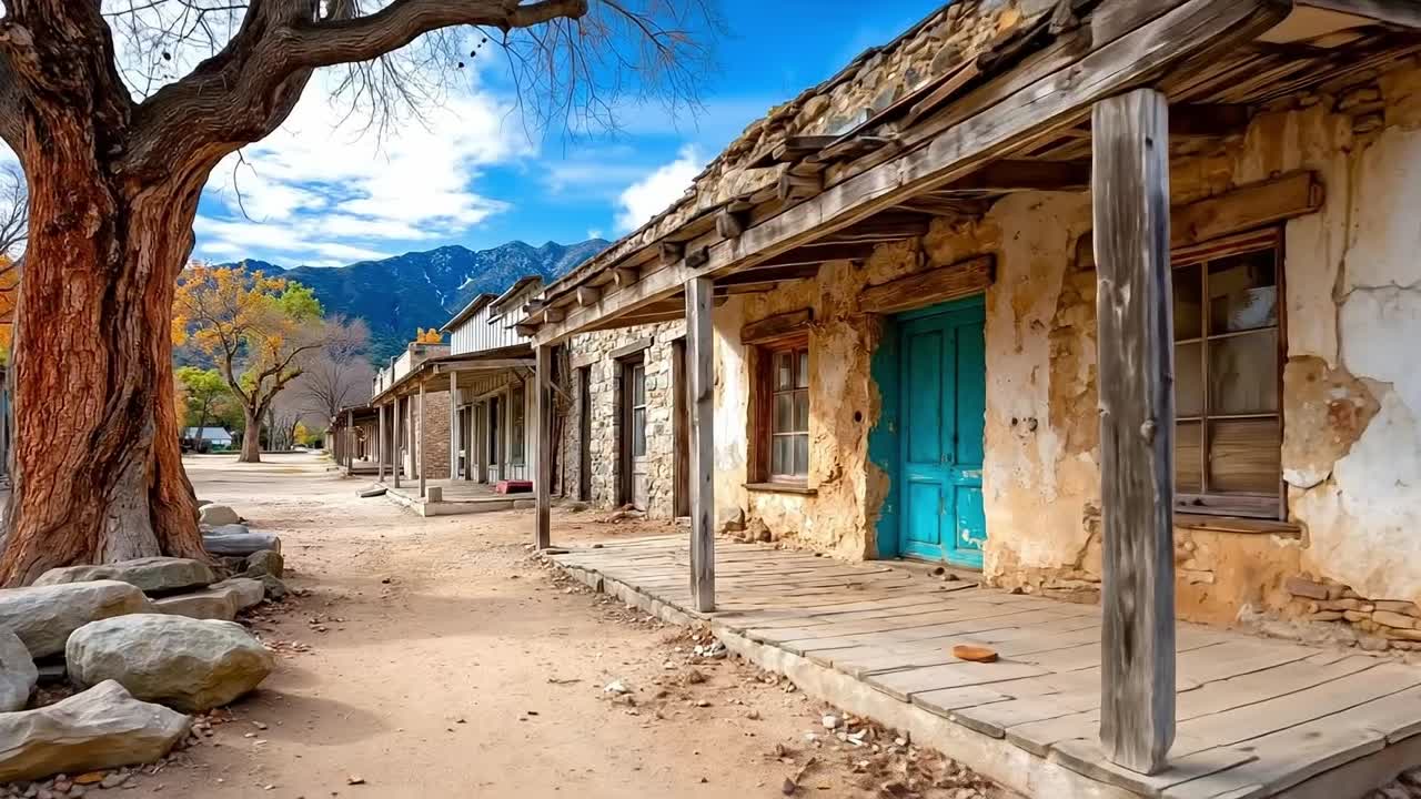 A row of old stone buildings with blue doors and windows