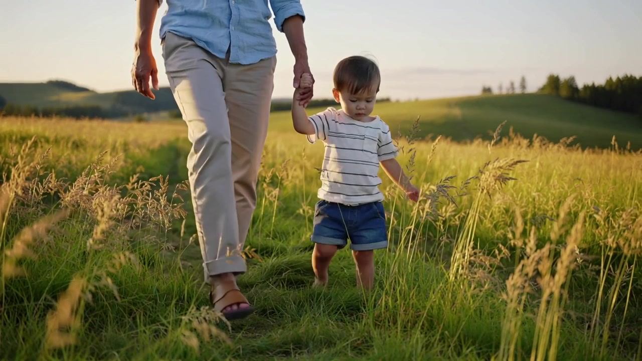Un papà con la camicia blu entra nell'inquadratura camminando, tenendo per mano un bambino piccolo a piedi nudi lungo un sentiero erboso, guidandolo.