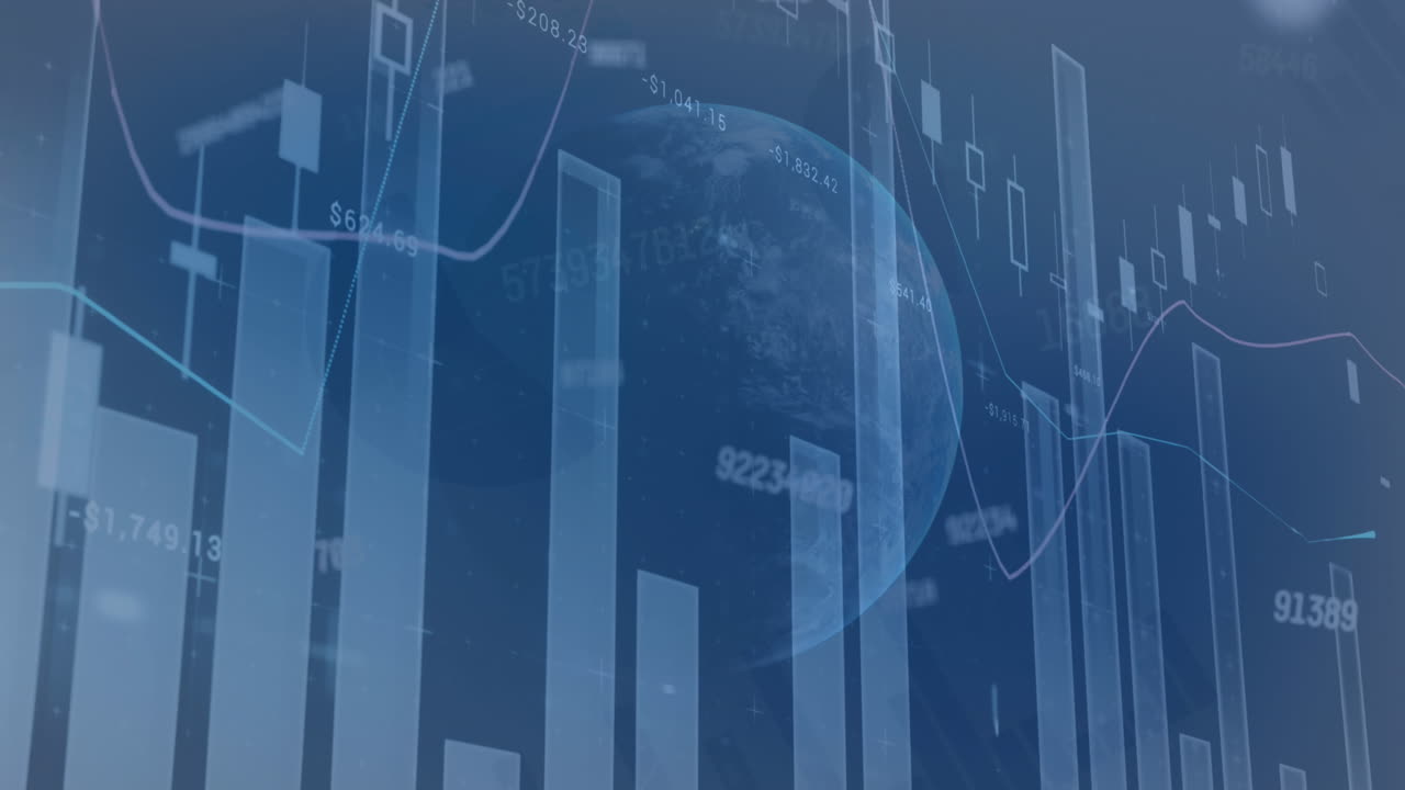 Animation of changing numbers over statistical data processing against globe on blue background