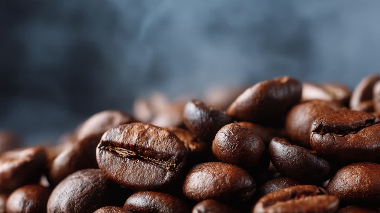 Fængslende nærbillede af friskristede kaffebønner omgivet af duftende dampe, der fremviser deres rige farve og tekstur mod en dampende baggrund
