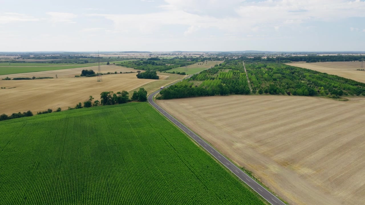 Drone aerial shows contrasting green crops and harvested fields divided by a rural road under a partly cloudy sky.