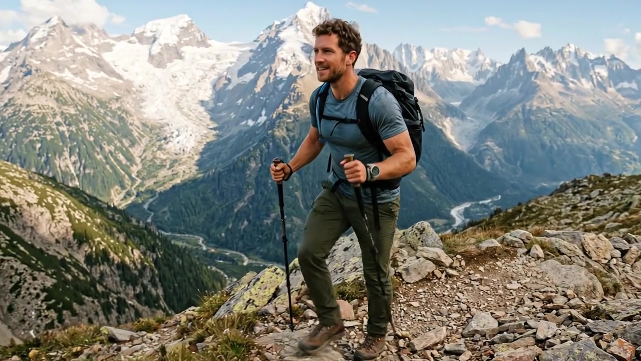 Uomo in escursione su un sentiero di montagna roccioso con vista alpina panoramica