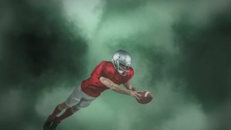 animation of caucasian male rugby player catching the ball against copy space on dark clouds