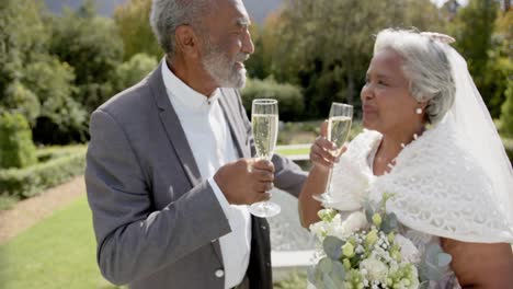 happy senior biracial couple drinking champagne at wedding in garden, slow motion