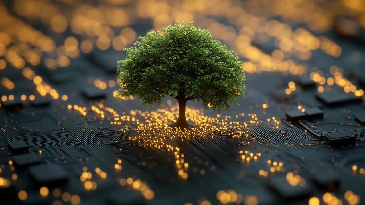 Tree on circuit board lights. A vibrant tree emerges from a circuit board, illuminated by glowing lights, symbolizing nature and technology merging.