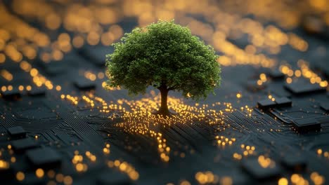 tree on circuit board lights. a vibrant tree emerges from a circuit board, illuminated by glowing lights, symbolizing nature and technology merging.