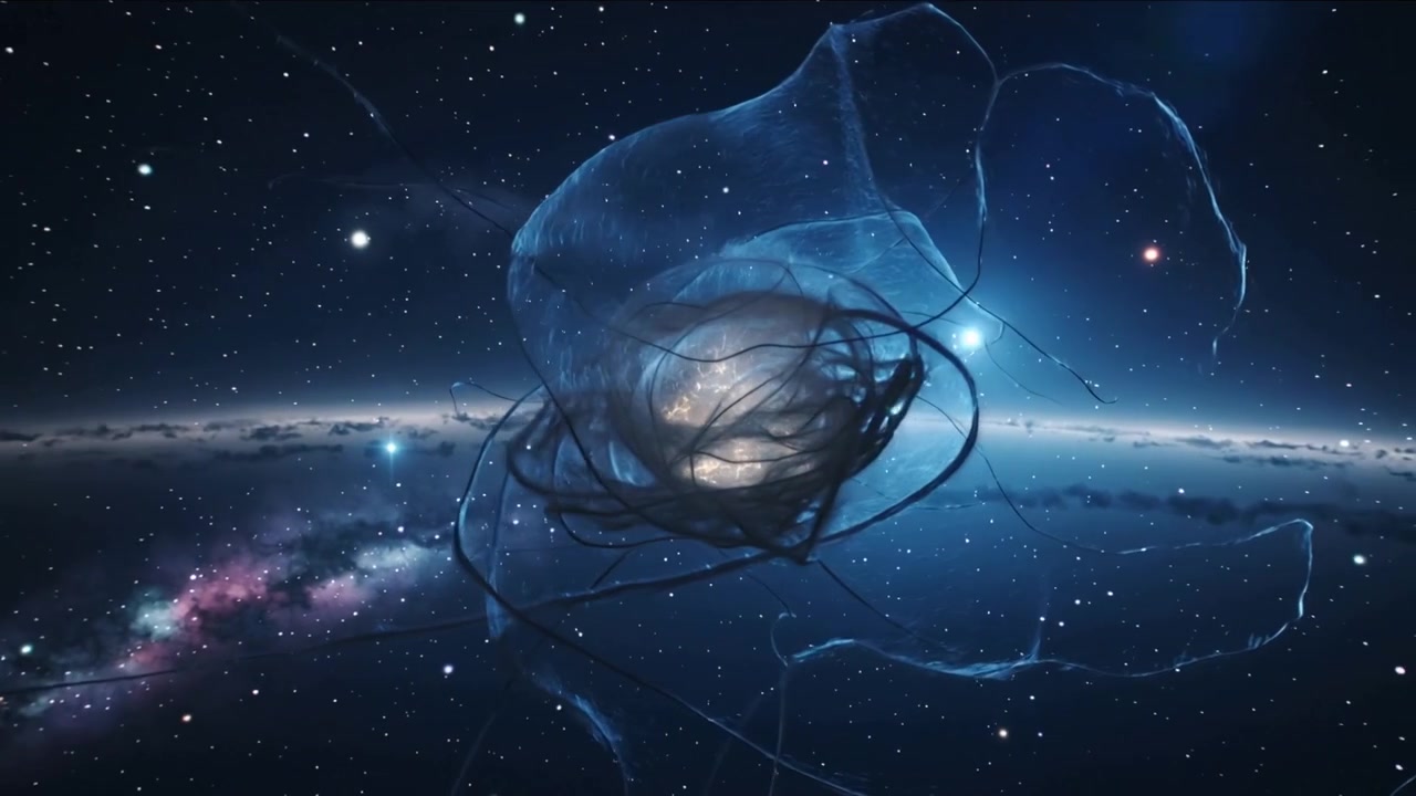 Billowing translucent nebula brightening core by galactic band trailing tendrils, camera focusing