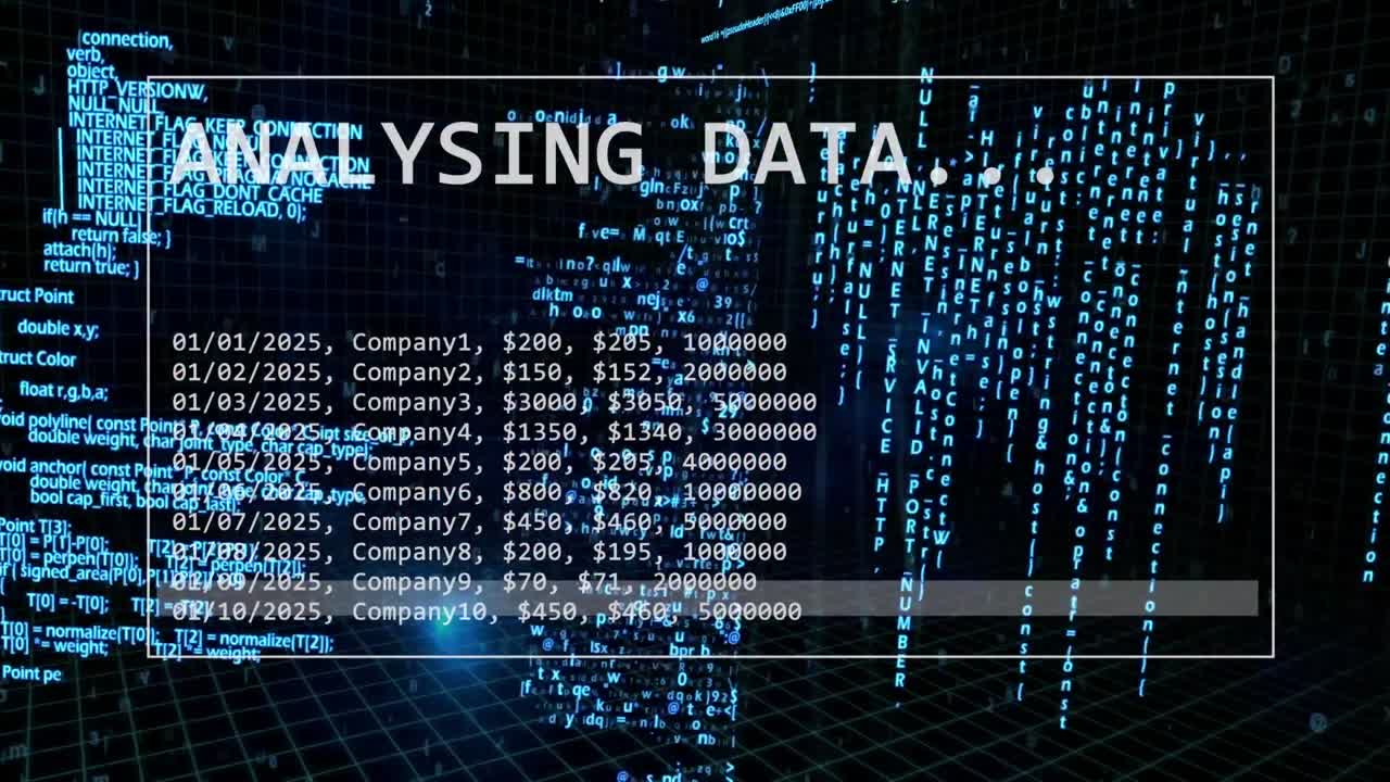 Animation of financial data processing over screen background