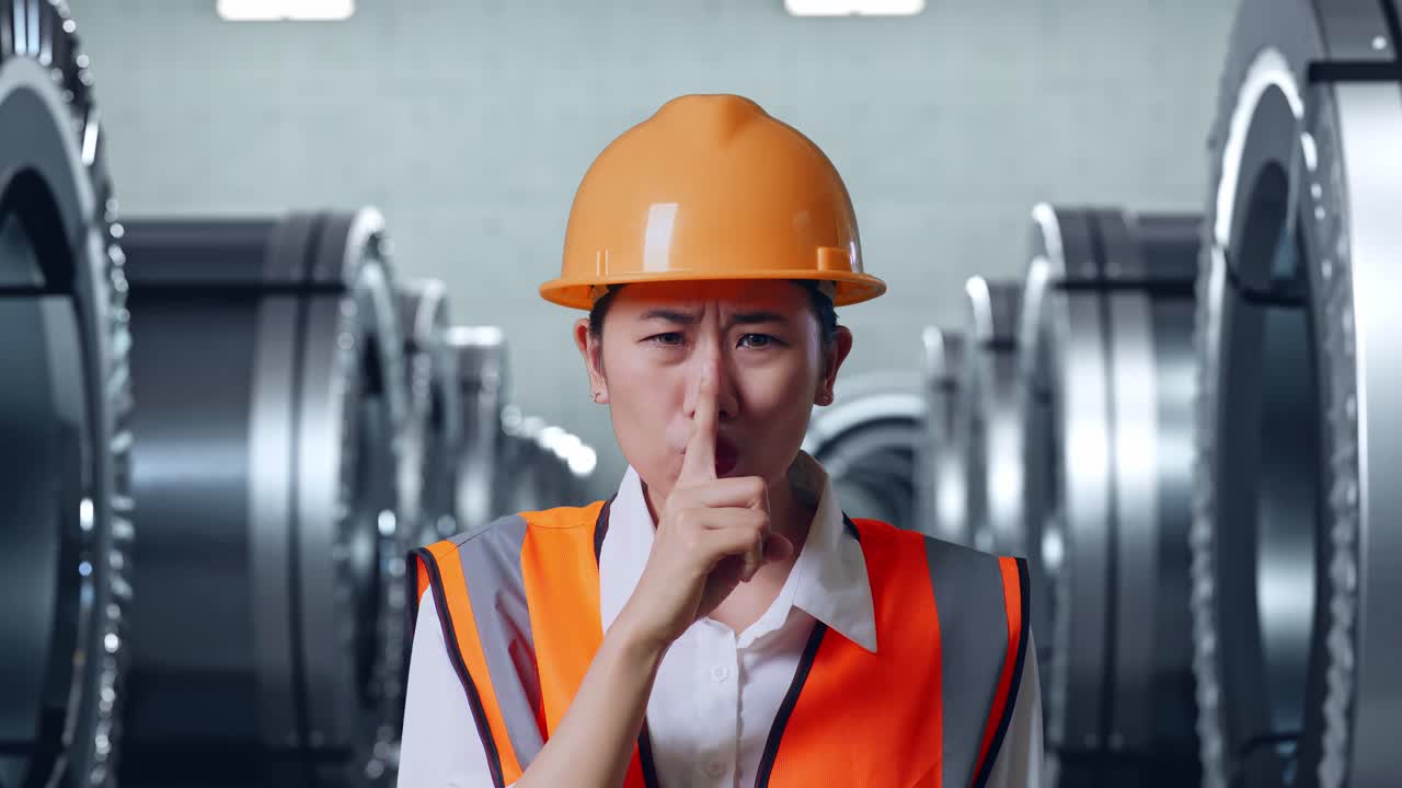 안전 헬을 입은 아시아 여성 엔지니어가 금속 공장에서 서 있는 동안 shh 제스처를 하고 있습니다.