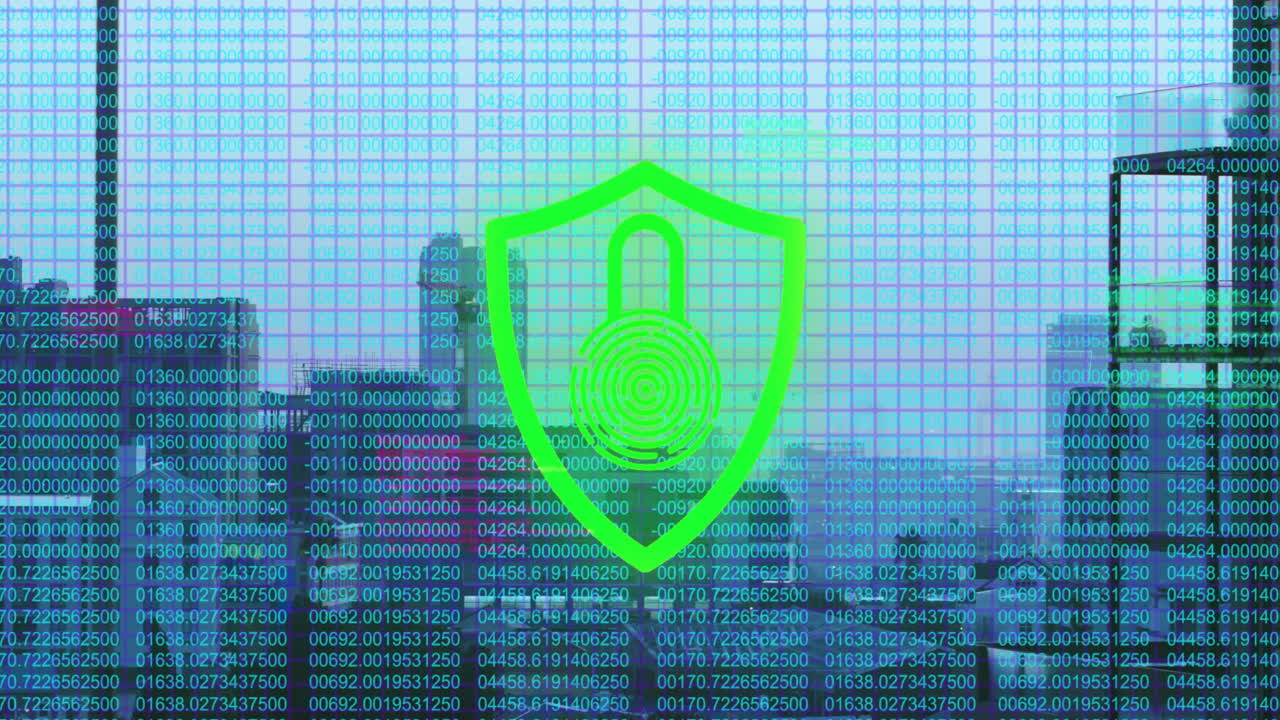 데이터의 애니메이션과 도시 풍경 위에 은색과 녹색의 박이와 방패 아이콘이 박이고 있습니다.