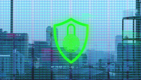 animation of data and flashing red and green padlock and shield icon over cityscape