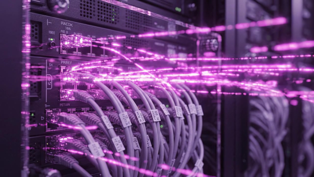 Network Data Transmission System: Close-up on Server Rack with Cables and Connected Ports Representing High-Speed Data Flow in a Technology Environment